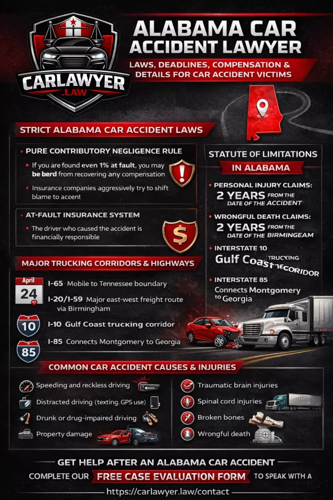 “Infographic explaining Alabama car accident laws, including contributory negligence rules, statute of limitations, major highways like I-65 and I-10, common crash causes and injuries, compensation options, and a call to action to complete a free case evaluation form, featuring the CarLawyer.Law logo.”