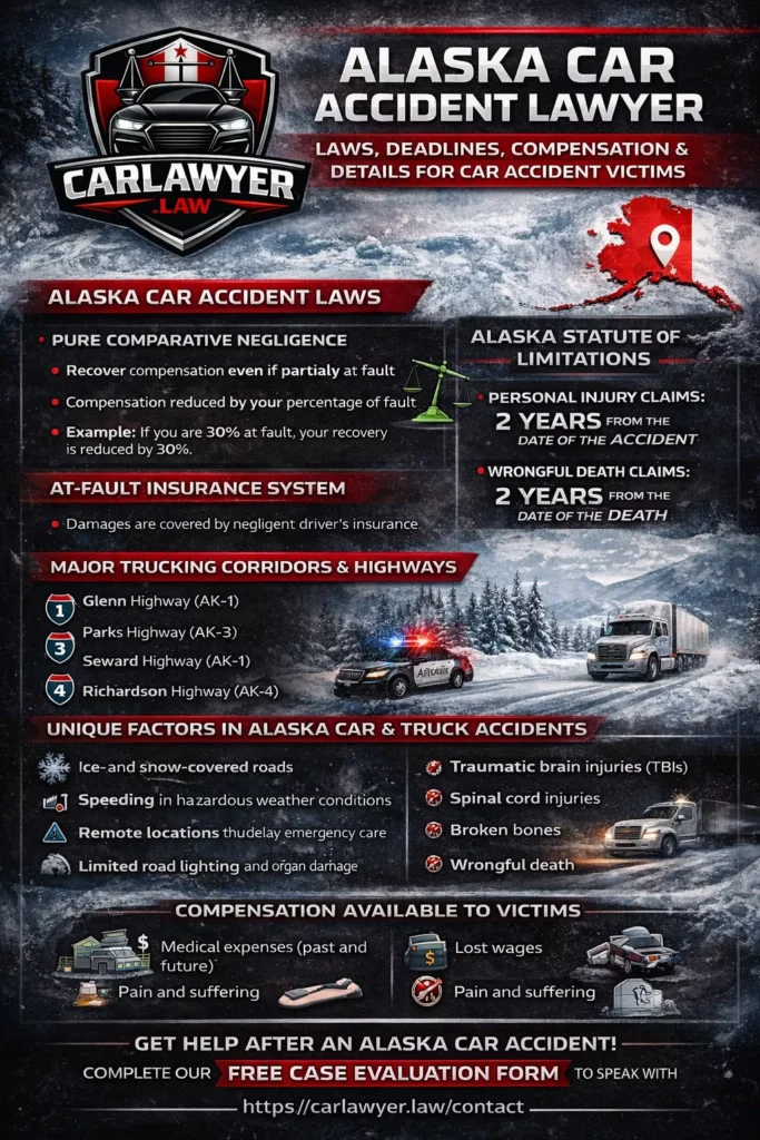 Infographic for CarLawyer.Law titled “Alaska Car Accident Lawyer” featuring the CarLawyer.Law logo and an icy Alaska-themed background. The infographic explains Alaska car accident laws, including pure comparative negligence and the at-fault insurance system, the two-year statute of limitations for personal injury and wrongful death claims, major trucking corridors such as the Glenn, Parks, Seward, and Richardson Highways, unique accident risks like snow, ice, wildlife, and remote roads, common causes and injuries, compensation available to victims, and a call to action to complete a free case evaluation form at CarLawyer.Law.