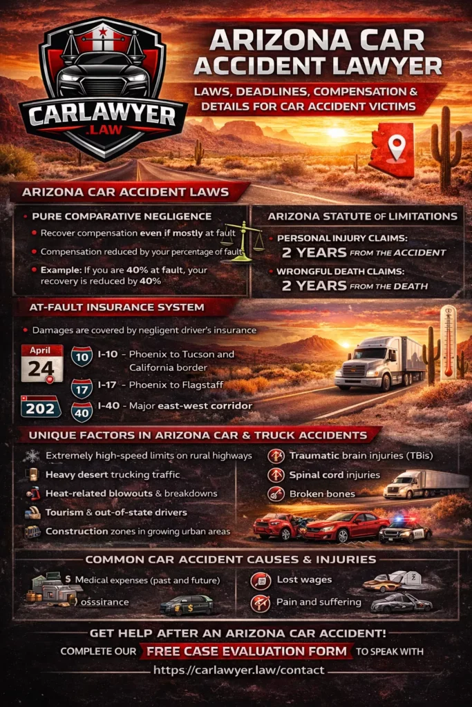 Infographic for CarLawyer.Law titled “Arizona Car Accident Lawyer” featuring the CarLawyer.Law logo and a desert highway background with Arizona scenery. The infographic outlines Arizona car accident laws, including pure comparative negligence and the at-fault insurance system, the two-year statute of limitations for personal injury and wrongful death claims, major trucking corridors such as I-10, I-17, and I-40, unique risks like high-speed desert highways, heat-related vehicle failures, tourism traffic, and construction zones, common causes and serious injuries, available compensation for victims, and a call to action to complete a free case evaluation form at CarLawyer.Law.