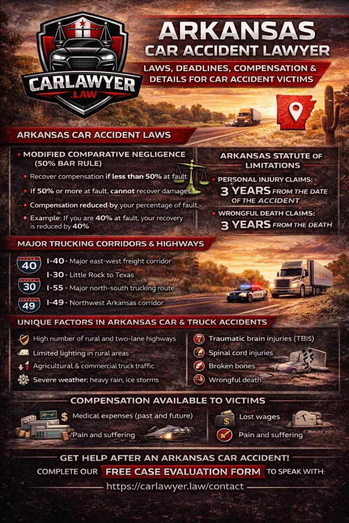 Infographic for CarLawyer.Law titled “Arkansas Car Accident Lawyer” featuring the CarLawyer.Law logo and a rural Arkansas highway background. The infographic explains Arkansas car accident laws, including the modified comparative negligence 50% bar rule and the at-fault insurance system, the three-year statute of limitations for personal injury and wrongful death claims, major trucking corridors such as I-40, I-30, I-55, and I-49, unique accident risks like rural two-lane roads, limited lighting, agricultural truck traffic, and severe weather, common accident causes and serious injuries, available compensation for victims, and a call to action to complete a free case evaluation form at CarLawyer.Law.