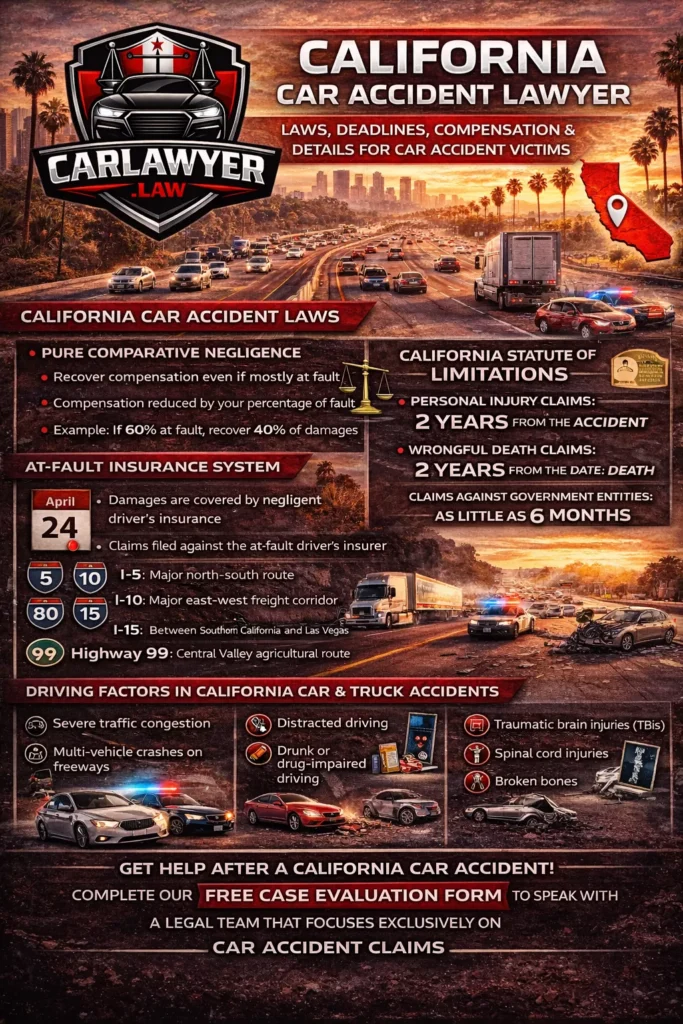 Infographic for CarLawyer.Law titled “California Car Accident Lawyer” featuring the CarLawyer.Law logo and a California freeway background with heavy traffic and palm trees. The infographic explains California car accident laws, including pure comparative negligence and the at-fault insurance system, the two-year statute of limitations for personal injury and wrongful death claims and shorter deadlines for claims against government entities, major trucking corridors such as I-5, I-10, I-15, I-80, and Highway 99, common causes of car and truck accidents, serious injuries sustained in crashes, available compensation for victims, and a call to action to complete a free case evaluation form at CarLawyer.Law.