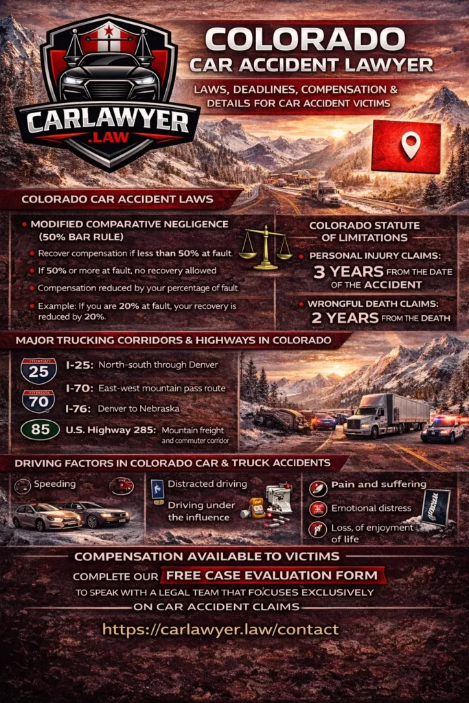 Infographic for CarLawyer.Law titled “Colorado Car Accident Lawyer” featuring the CarLawyer.Law logo and a mountainous Colorado highway background. The infographic explains Colorado car accident laws, including the modified comparative negligence 50% bar rule and the at-fault insurance system, the statute of limitations of three years for personal injury claims and two years for wrongful death claims, major trucking corridors such as I-25, I-70, I-76, and U.S. Highway 285, common causes of car and truck accidents in mountain and winter driving conditions, types of serious injuries, compensation available to accident victims, and a call to action to complete a free case evaluation form at CarLawyer.Law.