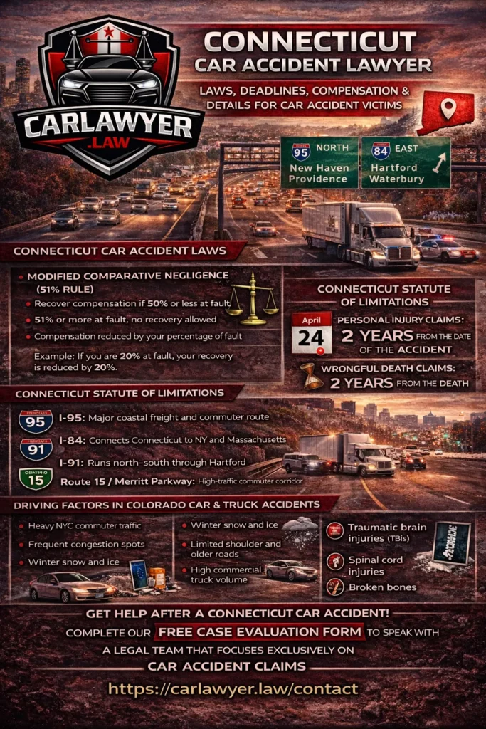 Infographic for CarLawyer.Law titled “Connecticut Car Accident Lawyer” featuring the CarLawyer.Law logo and a congested Connecticut highway background. The infographic explains Connecticut car accident laws, including the modified comparative negligence 51% rule and the at-fault insurance system, the two-year statute of limitations for personal injury and wrongful death claims, major trucking and commuter corridors such as I-95, I-84, I-91, and Route 15 (Merritt Parkway), common causes of car and truck accidents including heavy commuter traffic and winter weather, serious injuries sustained in crashes, compensation available to victims, and a call to action to complete a free case evaluation form at CarLawyer.Law.