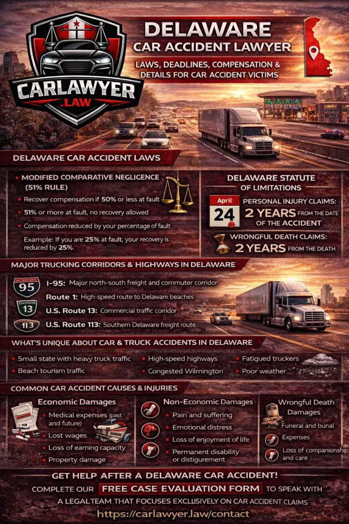 Infographic for CarLawyer.Law titled “Delaware Car Accident Lawyer” featuring the CarLawyer.Law logo and a Delaware highway scene with commercial trucks and traffic. The infographic outlines Delaware car accident laws, including the modified comparative negligence 51% rule and the at-fault insurance system, the two-year statute of limitations for personal injury and wrongful death claims, major trucking corridors such as I-95, Route 1, U.S. Route 13, and U.S. Route 113, unique risks like heavy truck traffic, beach tourism, congestion near Wilmington, and weather conditions, common accident causes and injuries, available economic and non-economic damages, wrongful death compensation, and a call to action to complete a free case evaluation form at CarLawyer.Law.