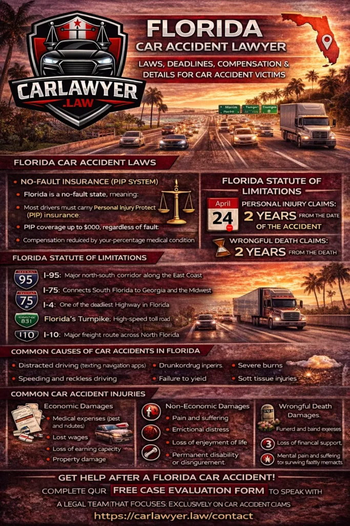 Infographic for CarLawyer.Law titled “Florida Car Accident Lawyer” featuring the CarLawyer.Law logo and a Florida highway scene with palm trees, traffic, and commercial trucks. The infographic explains Florida car accident laws, including the no-fault PIP insurance system and modified comparative negligence rules, the two-year statute of limitations for personal injury and wrongful death claims, major trucking corridors such as I-95, I-75, I-4, Florida’s Turnpike, and I-10, common causes of car accidents, serious injuries suffered by victims, available economic and non-economic damages, wrongful death compensation, and a call to action to complete a free case evaluation form at CarLawyer.Law.
