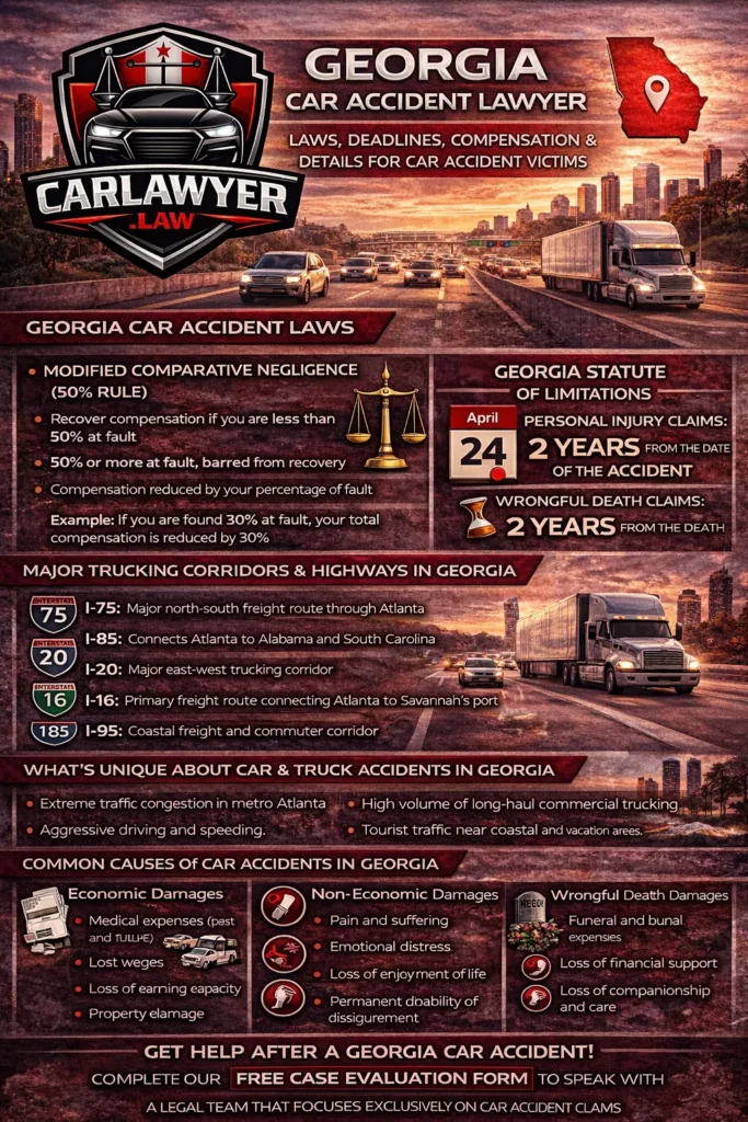 Infographic for CarLawyer.Law titled “Georgia Car Accident Lawyer” featuring the CarLawyer.Law logo and a Georgia highway scene with heavy traffic and commercial trucks. The infographic explains Georgia car accident laws, including the modified comparative negligence 50% rule and the at-fault insurance system, the two-year statute of limitations for personal injury and wrongful death claims, major trucking corridors such as I-75, I-85, I-20, I-16, and I-95, unique risks like extreme congestion in metro Atlanta and high volumes of commercial trucking, common causes of car accidents, serious injuries suffered by victims, available economic and non-economic damages, wrongful death compensation, and a call to action to complete a free case evaluation form at CarLawyer.Law.