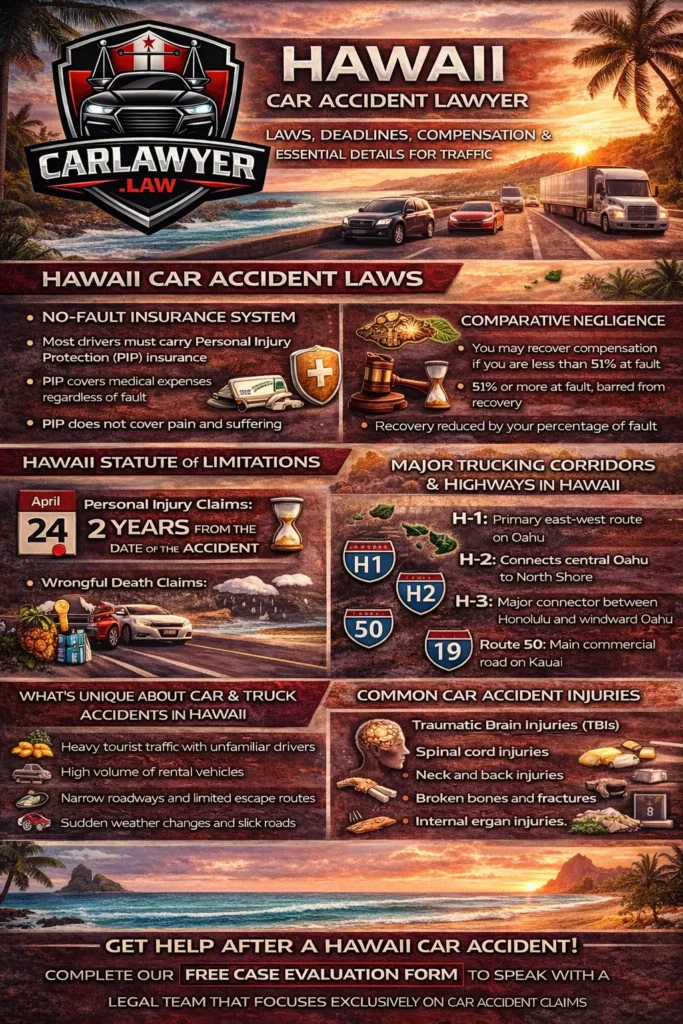 Infographic for CarLawyer.Law titled “Hawaii Car Accident Lawyer” featuring the CarLawyer.Law logo and a tropical Hawaii coastal highway background with cars and commercial trucks. The infographic explains Hawaii car accident laws, including the no-fault PIP insurance system and modified comparative negligence rules, the two-year statute of limitations for personal injury and wrongful death claims, major highways such as H-1, H-2, H-3, Route 50, and Route 19, unique risks like heavy tourist traffic, rental vehicles, narrow roadways, and sudden weather changes, common causes of crashes, serious injuries including traumatic brain injuries and spinal cord injuries,attachable compensation categories, and a call to action encouraging visitors to complete a free case evaluation form at CarLawyer.Law.