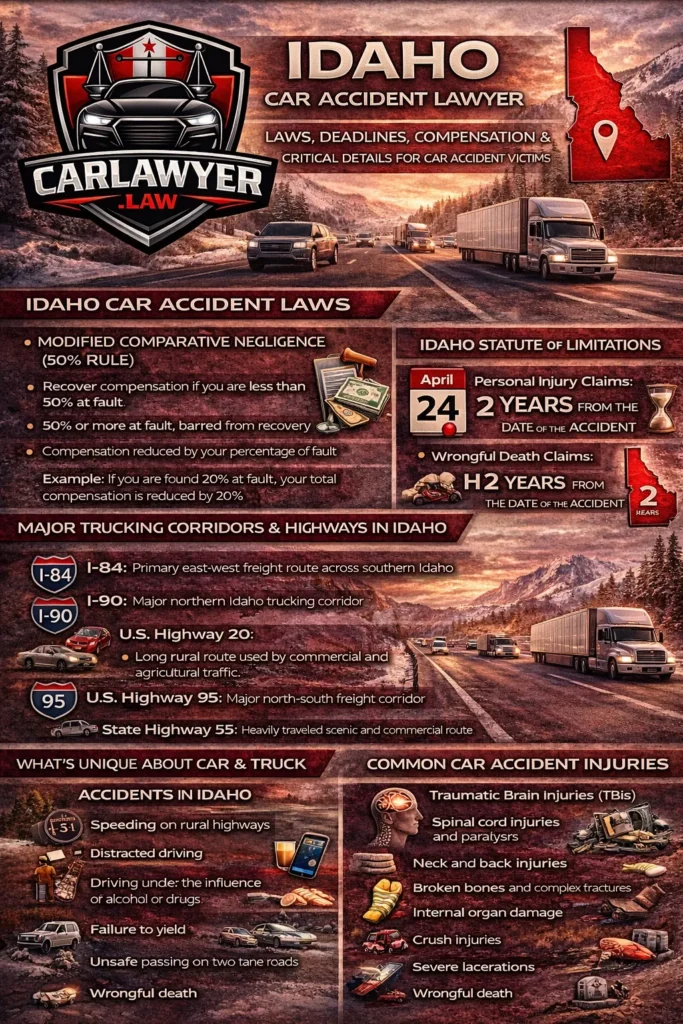 Infographic for CarLawyer.Law titled “Idaho Car Accident Lawyer” featuring the CarLawyer.Law logo and a scenic Idaho mountain highway with cars and commercial trucks. The infographic explains Idaho car accident laws, including the modified comparative negligence 50% rule and the at-fault insurance system, the two-year statute of limitations for personal injury and wrongful death claims, major trucking corridors such as I-84, I-90, U.S. Highway 20, U.S. Highway 95, and State Highway 55, unique risks like rural highways, winter weather, agricultural traffic, and limited visibility, common causes of car accidents, serious injuries suffered by victims, available compensation categories, and a call to action encouraging visitors to complete a free case evaluation form at CarLawyer.Law.