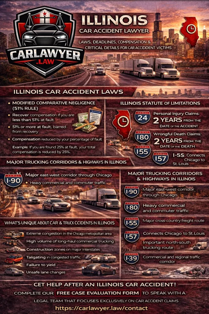 This Illinois Car Accident Lawyer infographic from CarLawyer.Law provides a clear, visual breakdown of the most important information car accident victims need to know after a crash in Illinois. Set against a Chicago skyline and busy interstate backdrop, the infographic highlights Illinois car accident laws, including the modified comparative negligence 51% rule and how fault impacts compensation. It explains the statute of limitations for personal injury and wrongful death claims, outlines major trucking corridors such as I-90, I-80, I-55, I-57, and I-39, and showcases factors that make Illinois accidents unique, including extreme congestion, heavy commercial trucking, and construction zones. The infographic also emphasizes common accident causes and encourages injured victims to take action by completing a free case evaluation form with CarLawyer.Law.
