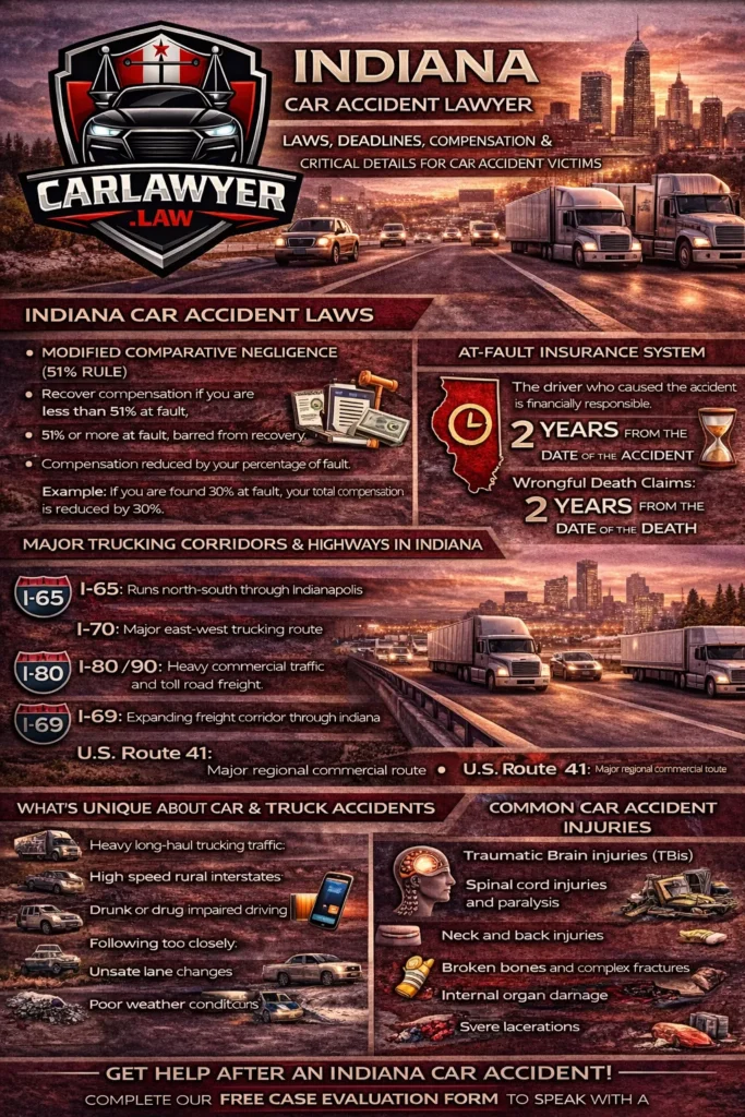 Infographic for CarLawyer.Law titled “Indiana Car Accident Lawyer” featuring the CarLawyer.Law logo and an Indiana interstate highway scene with cars and commercial trucks at sunset. The infographic explains Indiana car accident laws, including the modified comparative negligence 51% rule and the at-fault insurance system, the two-year statute of limitations for personal injury and wrongful death claims, and major trucking corridors such as I-65, I-70, I-80/90, I-69, and U.S. Route 41. It highlights factors unique to Indiana accidents like heavy long-haul trucking, high-speed rural interstates, construction zones, and severe weather, outlines common accident causes and serious injuries, and includes a call to action encouraging victims to complete a free case evaluation form with CarLawyer.Law.