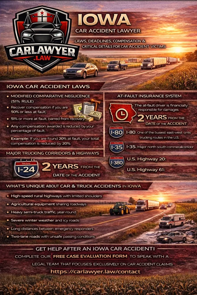 Infographic for CarLawyer.Law titled “Iowa Car Accident Lawyer” featuring the CarLawyer.Law logo and an Iowa rural highway scene with cars, semi-trucks, and open farmland. The infographic explains Iowa car accident laws, including the modified comparative negligence 51% rule and the at-fault insurance system, the two-year statute of limitations for personal injury and wrongful death claims, and major trucking corridors such as I-80, I-35, I-380, U.S. Highway 20, and U.S. Highway 61. It highlights unique Iowa crash risks like agricultural equipment on roadways, high-speed rural highways, severe winter weather, and heavy commercial truck traffic, outlines common accident causes and serious injuries, and includes a call to action encouraging victims to complete a free case evaluation form at CarLawyer.Law.