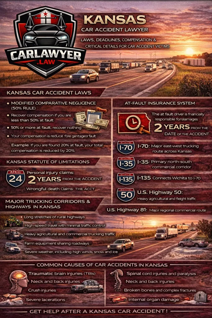 Infographic for CarLawyer.Law titled “Kansas Car Accident Lawyer” featuring the CarLawyer.Law logo and a Kansas highway at sunset with cars, semi-trucks, farmland, and wind turbines. The infographic outlines Kansas car accident laws, including the modified comparative negligence 50% rule and the at-fault insurance system, the two-year statute of limitations for personal injury and wrongful death claims, and major trucking corridors such as I-70, I-35, I-135, U.S. Highway 50, and U.S. Highway 81. It highlights unique Kansas crash risks like long rural highways, high-speed travel, agricultural equipment on roadways, heavy commercial trucking, and severe weather, lists common accident causes and serious injuries, and includes a call to action encouraging victims to complete a free case evaluation form at CarLawyer.Law.