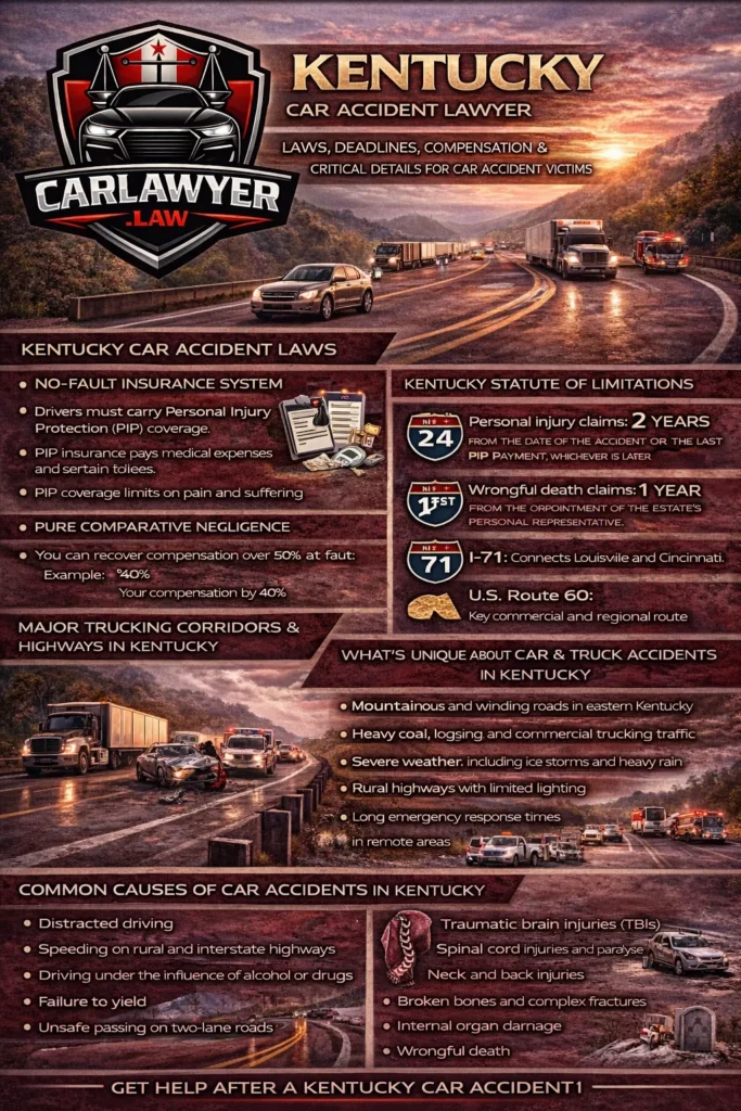 Infographic for CarLawyer.Law titled “Kentucky Car Accident Lawyer” featuring the CarLawyer.Law logo and a Kentucky interstate highway scene with rolling hills, cars, and commercial trucks. The infographic explains Kentucky car accident laws, including the no-fault PIP insurance system, the ability to step outside no-fault when injury thresholds are met, and pure comparative negligence rules. It highlights Kentucky’s statute of limitations for personal injury and wrongful death claims, major trucking corridors such as I-65, I-64, I-75, I-71, and U.S. Route 60, and unique crash risks like mountainous roads, heavy commercial trucking, severe weather, and rural highways. The infographic also outlines common accident causes and serious injuries and includes a call to action encouraging victims to complete a free case evaluation form at CarLawyer.Law.