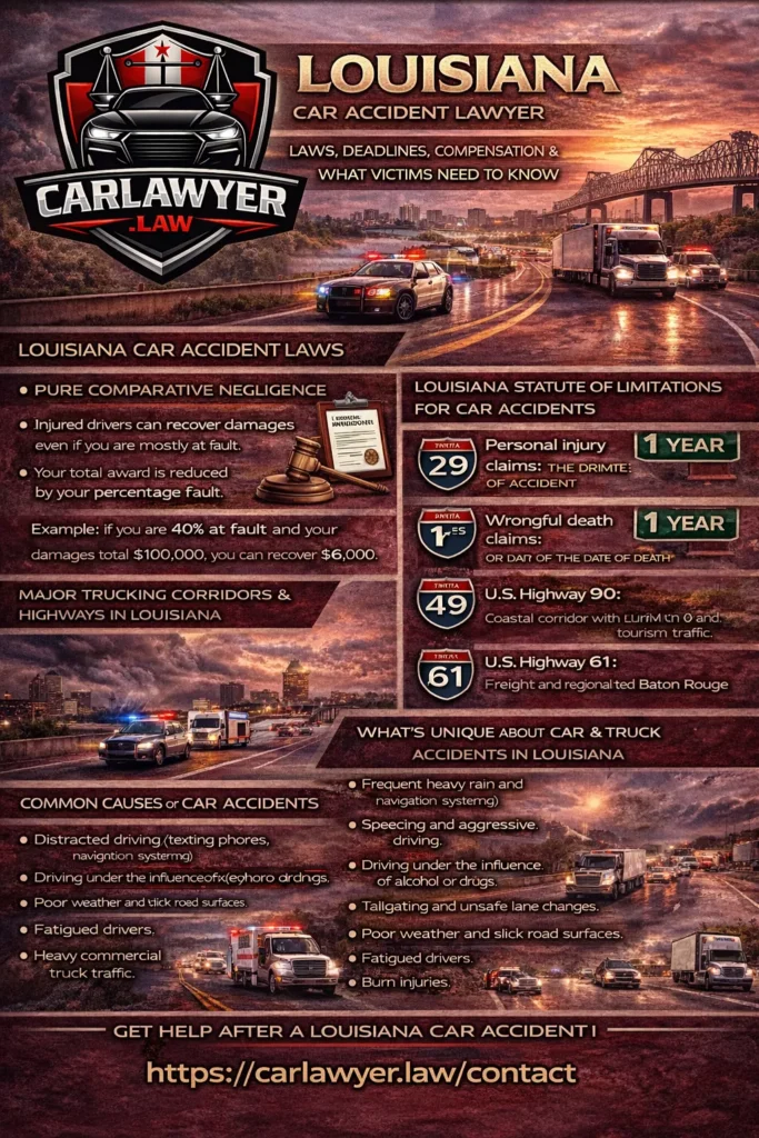 Infographic for CarLawyer.Law titled “Louisiana Car Accident Lawyer” featuring the CarLawyer.Law logo and a Louisiana interstate highway scene with cars and commercial trucks near an urban and coastal backdrop. The infographic explains Louisiana car accident laws, including the pure comparative negligence rule and the at-fault insurance system, the one-year statute of limitations for personal injury and wrongful death claims, and major trucking corridors such as I-10, I-55, I-49, U.S. Highway 90, and U.S. Highway 61. It highlights unique Louisiana crash risks like heavy rain, flooding, hurricane conditions, port and refinery truck traffic, urban congestion, and rural highways, outlines common causes of car accidents and serious injuries, and includes a call to action encouraging victims to complete a free case evaluation form at CarLawyer.Law.