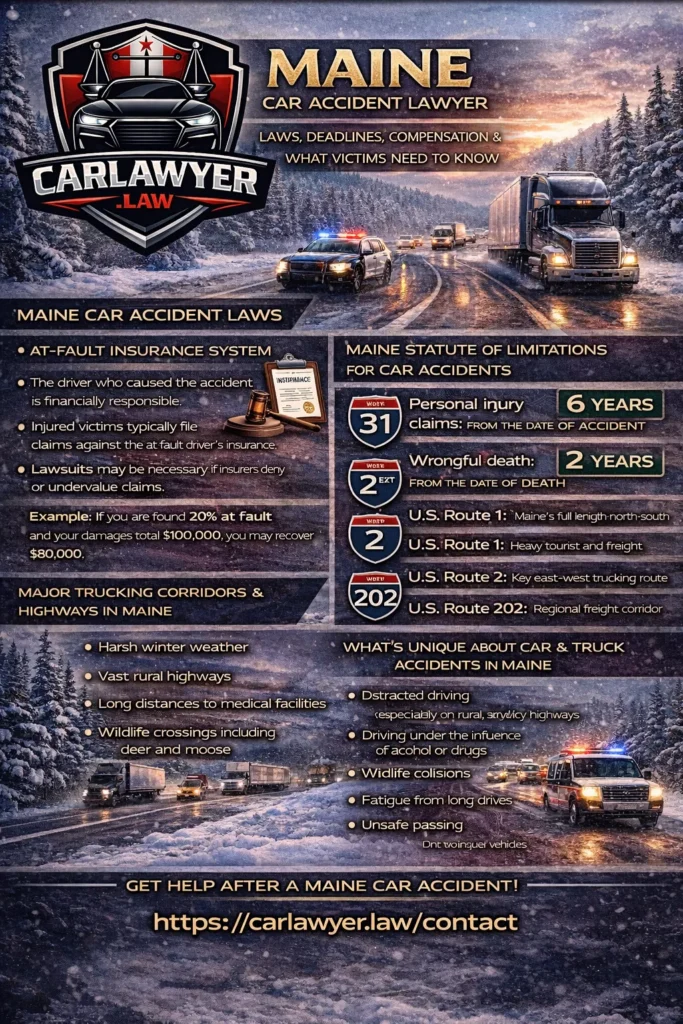 Infographic for CarLawyer.Law titled “Maine Car Accident Lawyer” featuring the CarLawyer.Law logo and a snowy Maine highway scene with cars, emergency vehicles, and commercial trucks. The infographic outlines Maine car accident laws, including the at-fault insurance system and modified comparative negligence 50% rule, the statute of limitations of six years for personal injury claims and two years for wrongful death claims, and major trucking routes such as I-95, I-295, U.S. Route 1, U.S. Route 2, and U.S. Route 202. It highlights unique Maine crash risks like harsh winter weather, rural highways, long distances to medical facilities, and wildlife crossings involving deer and moose, lists common accident causes and serious injuries, and includes a call to action directing victims to complete a free case evaluation form at CarLawyer.Law.