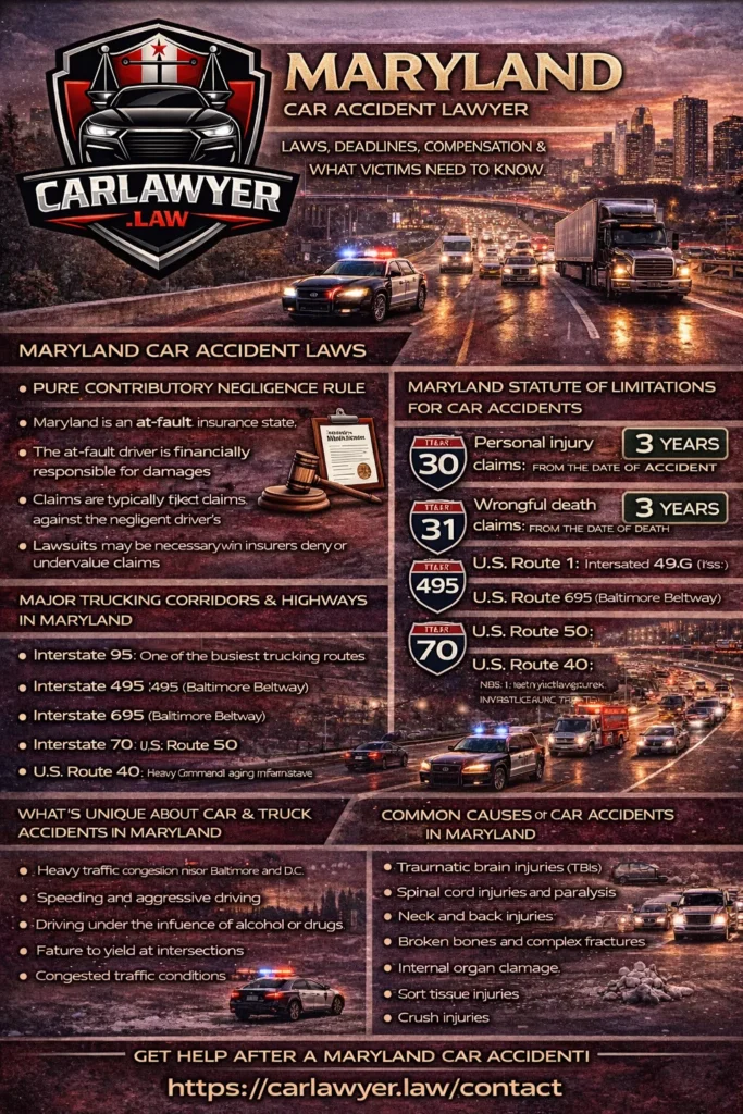 Infographic summarizing Louisiana car accident laws, including fault rules, statute of limitations, major highways, common causes and injuries, and available compensation, branded with the CarLawyer.Law logo.
