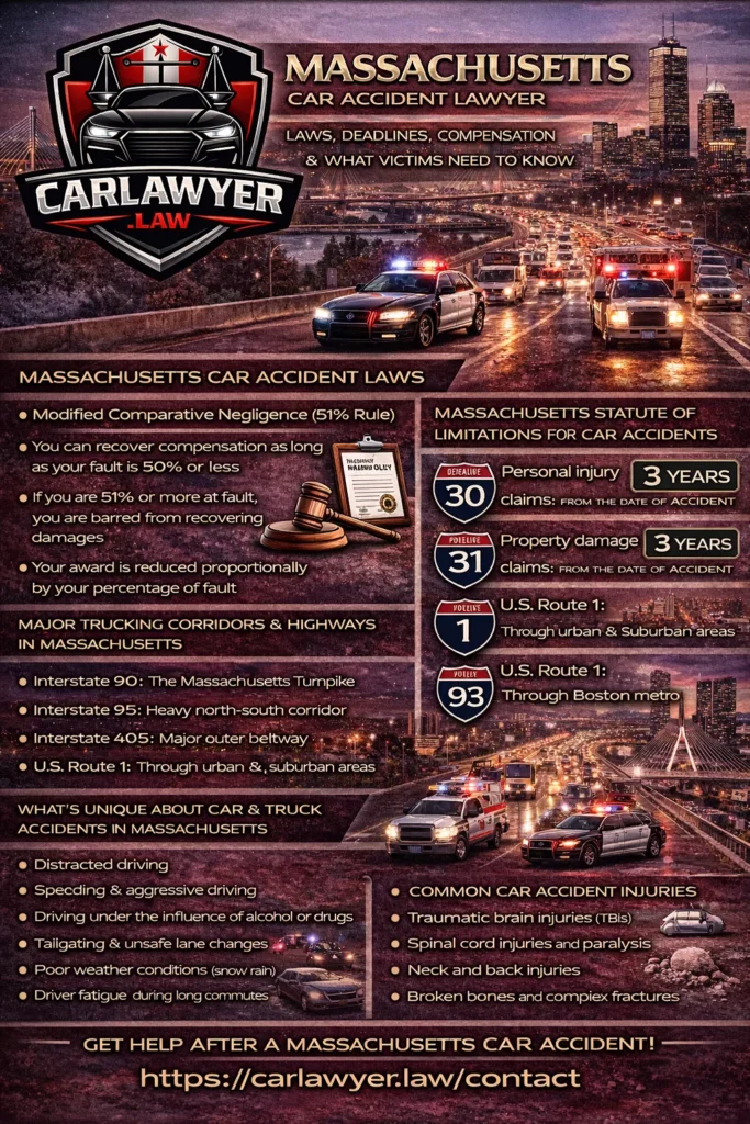 Infographic outlining Massachusetts car accident laws, including comparative negligence rules, three-year statute of limitations, major highways, common causes and injuries, and available compensation, prominently featuring the CarLawyer.Law logo.