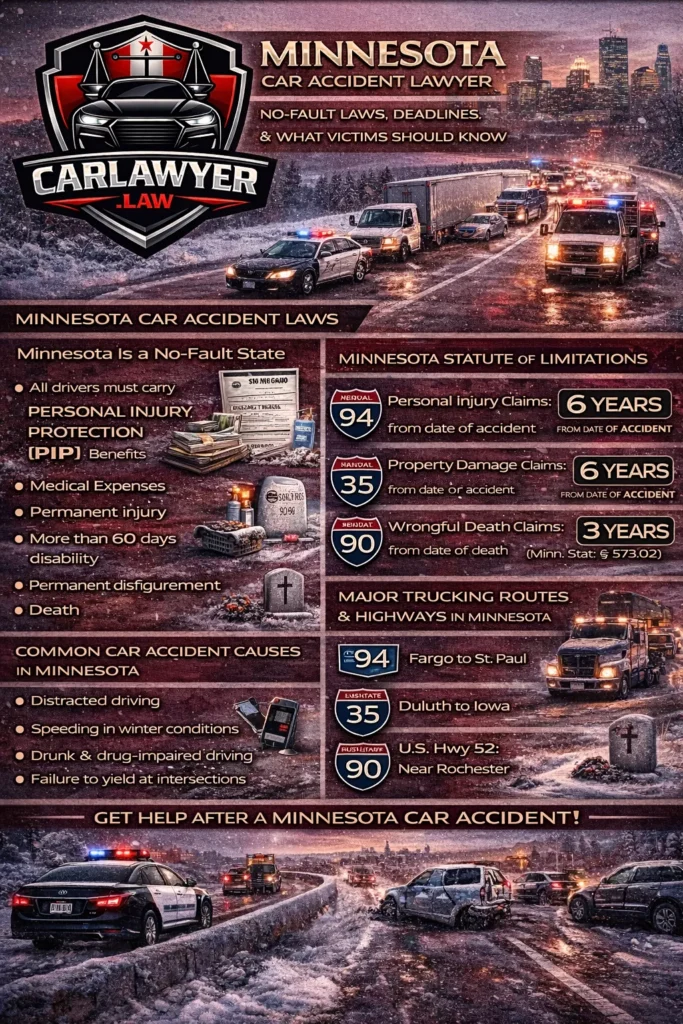 Infographic titled “Minnesota Car Accident Lawyer” by CarLawyer.Law, featuring the CarLawyer.Law logo and a snowy Minnesota highway crash scene. The graphic explains Minnesota’s no-fault car accident laws, Personal Injury Protection (PIP) benefits, statute of limitations deadlines for personal injury, property damage, and wrongful death claims, common causes of car accidents, and major trucking routes including I-94, I-35, and U.S. Highway 52.