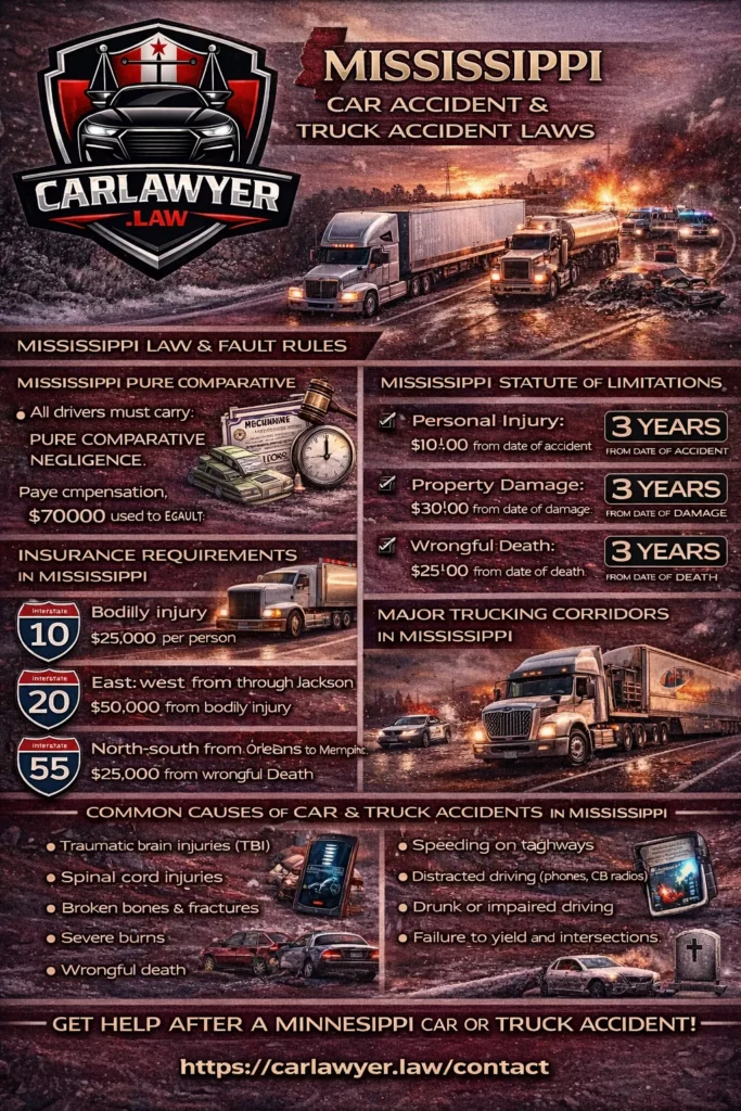 Infographic titled “Mississippi Car Accident Lawyer” by CarLawyer.Law, featuring the CarLawyer.Law logo and a Mississippi highway crash illustration. The graphic highlights Mississippi’s at-fault car accident laws, the three-year statute of limitations for personal injury and property damage claims, major trucking corridors such as I-55, I-20, and I-10, common causes of car accidents, serious injuries, and types of compensation available to accident victims.