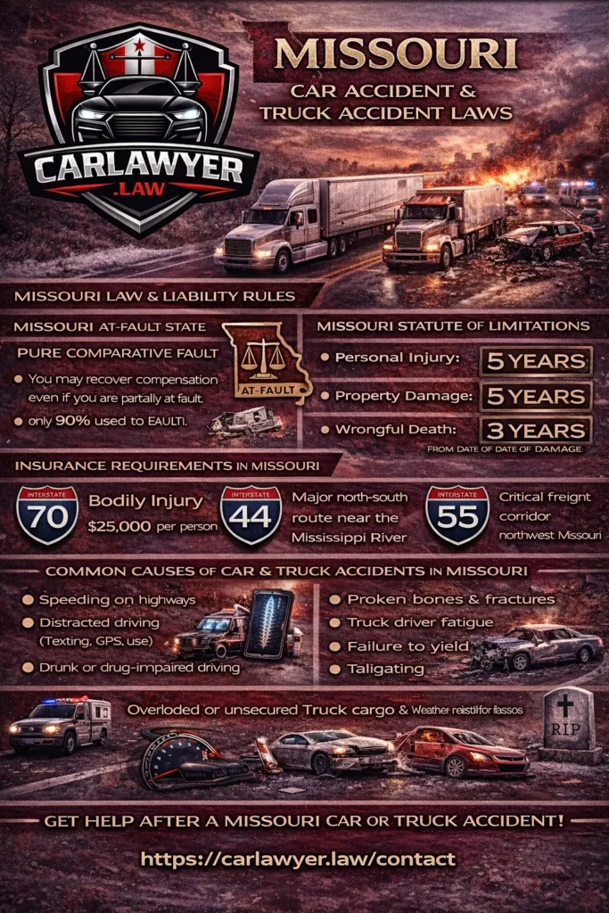 A Missouri car and truck accident law infographic by CarLawyer.Law featuring the firm’s logo, a crashed semi-truck and vehicles on a highway, and key legal information including Missouri’s at-fault system, pure comparative fault rules, statutes of limitations, insurance requirements, major trucking routes, common accident causes, and a call to action to seek legal help after a Missouri car or truck accident.