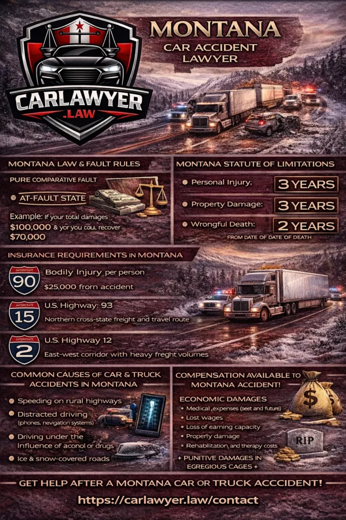Infographic by CarLawyer.Law explaining Montana car accident laws, featuring the CarLawyer.Law logo, a snowy Montana highway crash scene, and sections on pure comparative fault rules, statutes of limitations for personal injury, property damage, and wrongful death, insurance requirements, major trucking highways, common causes of car and truck accidents, and types of compensation available to accident victims.