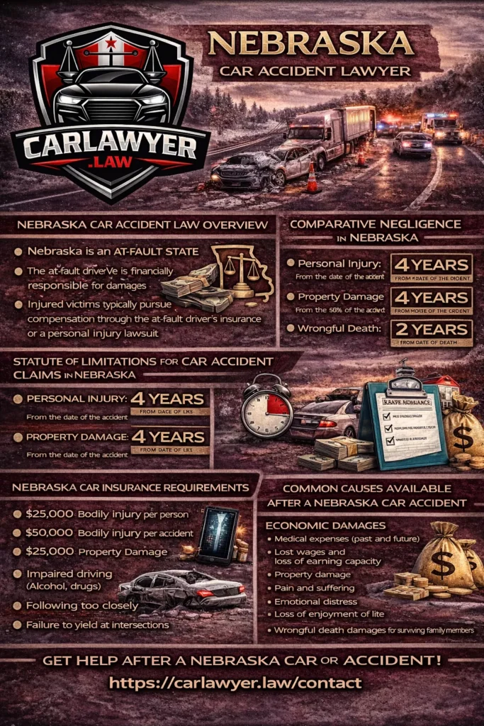 Infographic titled “Nebraska Car Accident Lawyer” by CarLawyer.Law, featuring the firm’s logo and a car crash scene. The graphic explains Nebraska car accident laws, including at-fault liability rules, comparative negligence, statutes of limitations for personal injury and property damage, required minimum auto insurance coverage, common causes of car accidents, and types of compensation available to injured victims, with a call to action to visit carlawyer.law/contact.