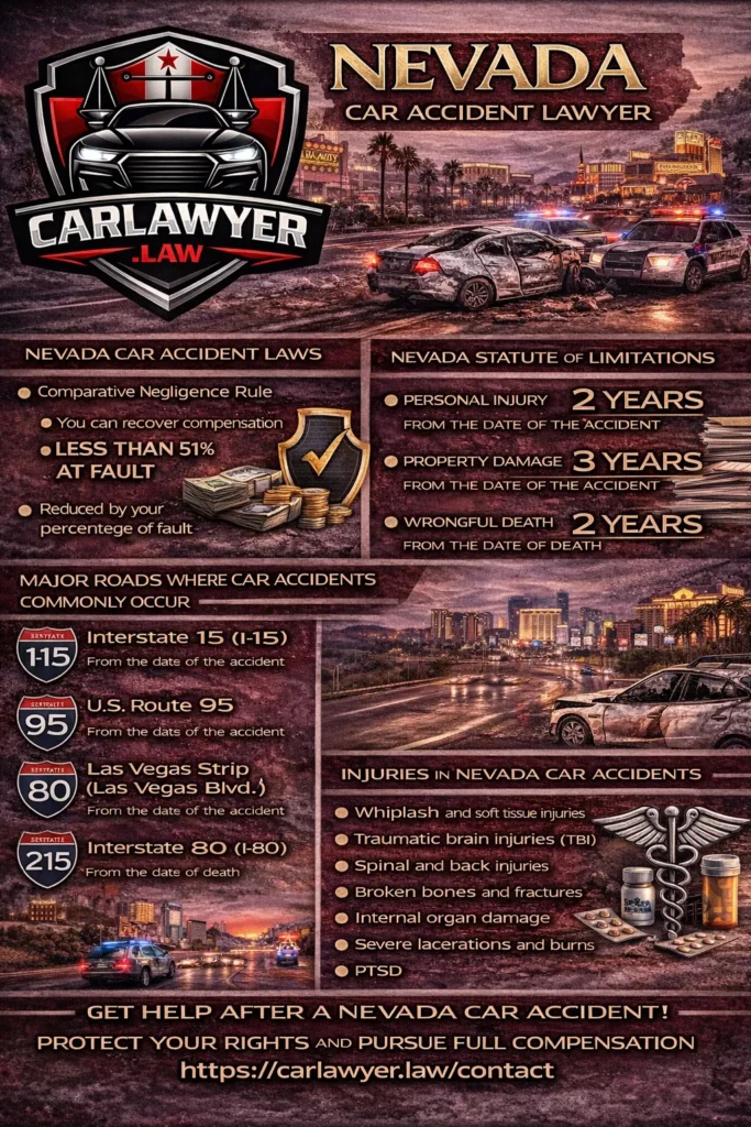Infographic titled “Nevada Car Accident Lawyer” by CarLawyer.Law, featuring the firm’s logo and a Las Vegas roadway crash scene. The graphic outlines Nevada car accident laws, including the comparative negligence rule, statutes of limitations for personal injury, property damage, and wrongful death, major Nevada roadways where car accidents commonly occur, common causes of crashes, typical injuries suffered by victims, and a call to action directing users to carlawyer.law/contact for a free case evaluation.