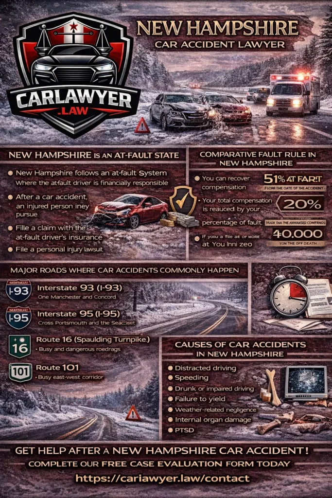 “Infographic titled ‘New Hampshire Car Accident Lawyer’ by CarLawyer.Law, featuring the CarLawyer.Law logo and a shield design with a car and scales of justice, summarizing New Hampshire car accident laws, statute of limitations, common causes of car accidents, typical injuries, and available compensation for accident victims.”