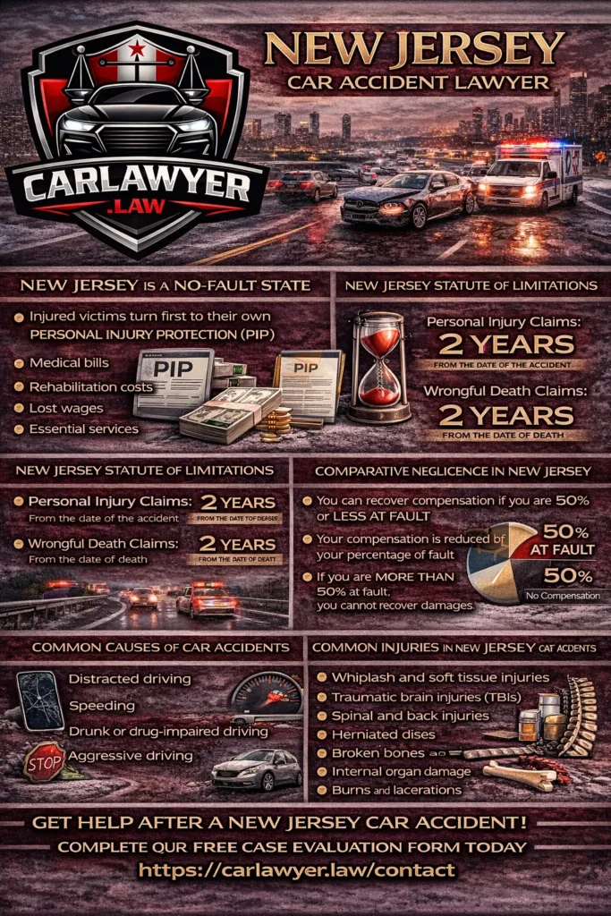 Infographic titled “New Jersey Car Accident Lawyer” by CarLawyer.Law featuring the firm’s shield logo, a city highway crash scene, and sections explaining New Jersey no-fault car accident laws, PIP insurance benefits, statute of limitations deadlines, comparative negligence rules, common causes of car accidents, common injuries, and a call to action to complete a free case evaluation.