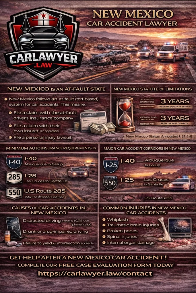 Infographic titled “New Mexico Car Accident Lawyer” by CarLawyer.Law featuring the CarLawyer.Law logo, a New Mexico desert highway crash scene, and sections outlining New Mexico car accident laws, at-fault rules, statute of limitations, minimum insurance requirements, major highways, common causes of car accidents, common injuries, and a call to action to complete a free case evaluation form.
