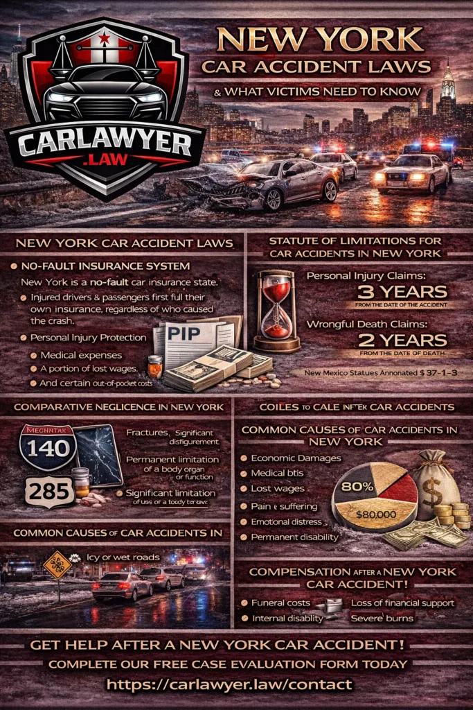 Infographic titled “New York Car Accident Laws & What Victims Need to Know” featuring the CarLawyer.Law logo, a New York City crash scene, and sections explaining New York’s no-fault insurance system, statute of limitations for car accident claims, comparative negligence, common causes of car accidents, and types of compensation available, with a call to action to complete a free case evaluation.