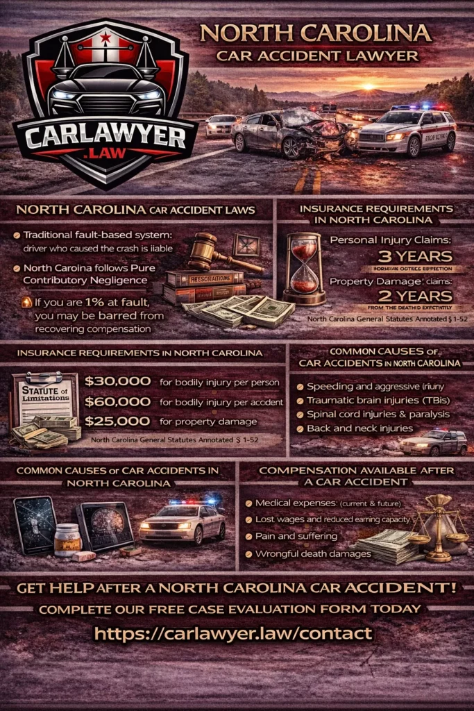 “Infographic titled ‘North Carolina Car Accident Lawyer’ by CarLawyer.Law, featuring the CarLawyer.Law logo, a crash scene on a North Carolina roadway, and sections outlining North Carolina car accident laws, pure contributory negligence rules, statute of limitations, insurance requirements, common causes of car accidents, typical injuries, and types of compensation available after a car accident, with a call to action to complete a free case evaluation form.”