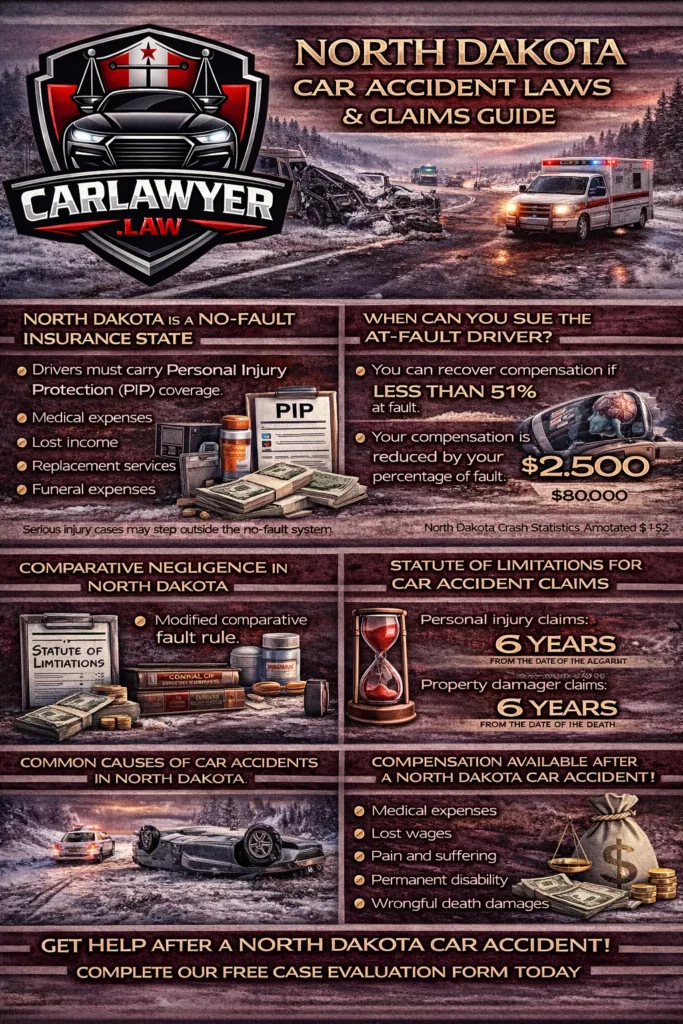 A comprehensive CarLawyer.Law infographic titled “North Dakota Car Accident Laws & Claims Guide,” featuring the CarLawyer.Law logo, a winter crash scene, and sections explaining North Dakota’s no-fault insurance rules, modified comparative negligence, statute of limitations, common causes of car accidents, and types of compensation available after a car accident.