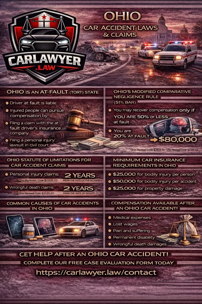 Ohio “Infographic explaining state-specific car accident laws, including statute of limitations, fault rules, common causes of car crashes, typical injuries, and available compensation, featuring the CarLawyer.Law logo with a car and justice scales.

