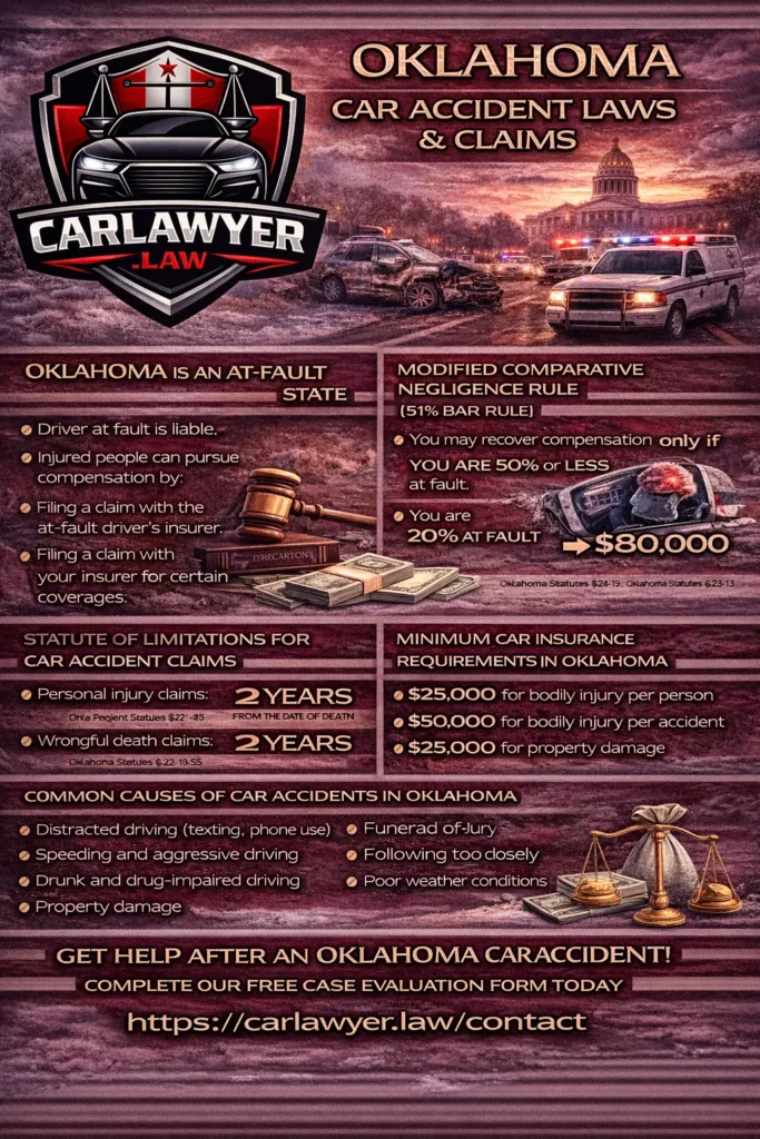 Infographic titled “Oklahoma Car Accident Laws & Claims” by CarLawyer.Law featuring the CarLawyer.Law logo, a crash scene with emergency vehicles, and Oklahoma landmarks. The infographic highlights Oklahoma’s at-fault car accident system, modified comparative negligence (51% bar rule), two-year statute of limitations for personal injury and wrongful death claims, minimum auto insurance requirements, common causes of car accidents, and a call to action to complete a free case evaluation form.