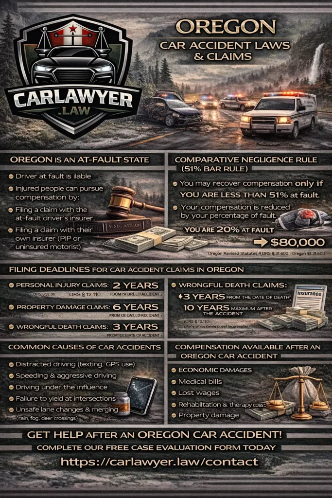 Infographic titled “Oregon Car Accident Laws & Claims” by CarLawyer.Law, featuring the CarLawyer.Law logo, an Oregon roadway accident scene, and emergency vehicles. The infographic explains Oregon’s at-fault car accident system, the 51% comparative negligence rule, filing deadlines for personal injury, property damage, and wrongful death claims, common causes of car accidents, and types of compensation available, along with a call to action to complete a free case evaluation form.