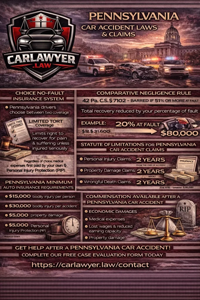 Infographic for CarLawyer.Law explaining Pennsylvania car accident laws, featuring the CarLawyer.Law shield logo, a Pennsylvania cityscape, and a crash scene. The infographic outlines Pennsylvania’s choice no-fault insurance system, limited tort vs. full tort coverage, comparative negligence rules, statute of limitations for car accident claims, minimum auto insurance requirements, and types of compensation available after a car accident, with a call to action to complete a free case evaluation form.
