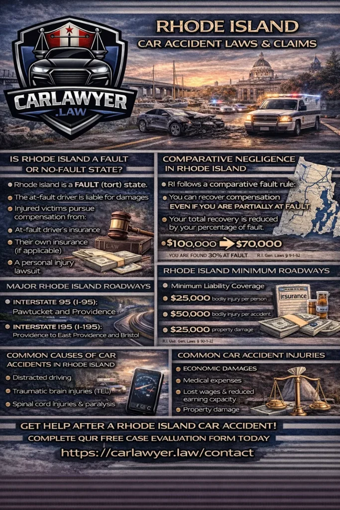 Infographic titled “Rhode Island Car Accident Laws & Claims” by CarLawyer.Law, featuring the firm’s logo and visuals of a car crash scene. The infographic explains Rhode Island’s fault-based car accident system, comparative negligence rules, statute of limitations, minimum insurance requirements, major roadways, common causes of car accidents, typical injuries, and available compensation, with a call to action to complete a free case evaluation form.