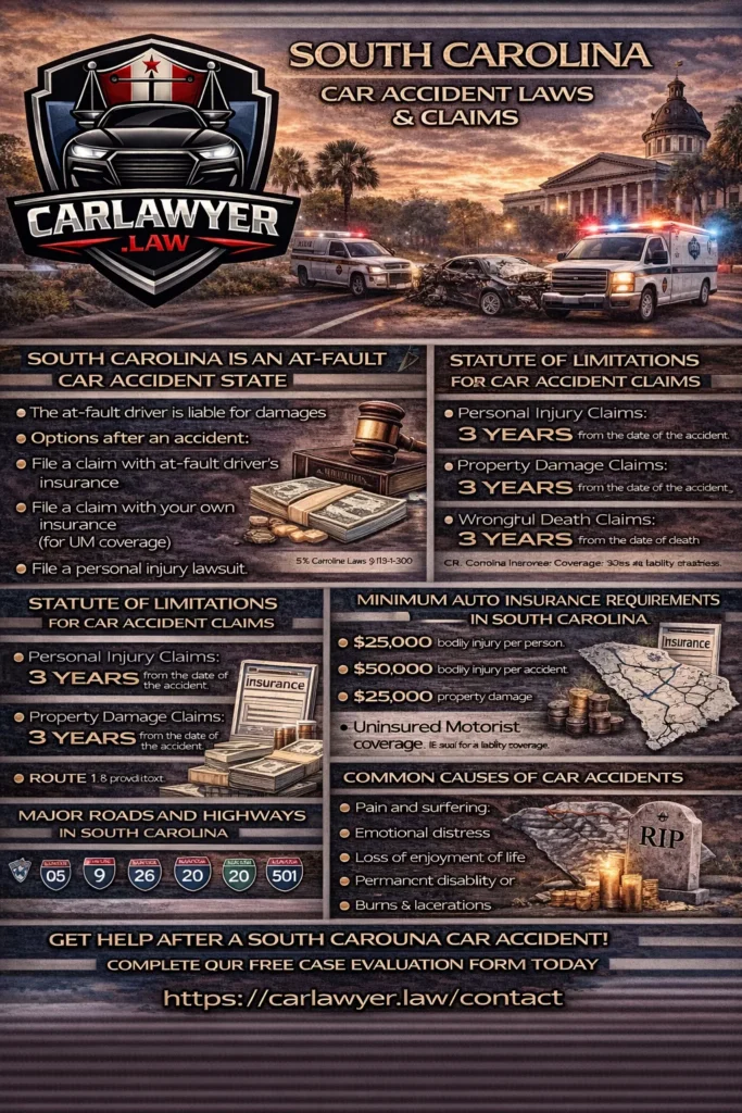 Infographic by CarLawyer.Law explaining South Carolina car accident laws, featuring the CarLawyer.Law logo, a car crash scene, and sections on at-fault liability, statute of limitations, minimum auto insurance requirements, common causes of car accidents, major highways, and a call to action to complete a free case evaluation form.