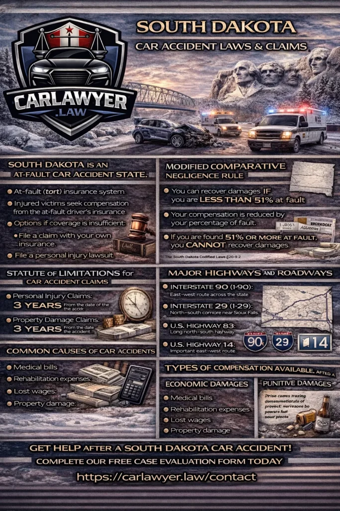 South Dakota follows an at-fault insurance system, meaning the driver who caused the accident is financially responsible for the resulting damages. Injured victims typically pursue compensation through the at-fault driver’s insurance company. If insurance coverage is insufficient or a claim is disputed, filing a personal injury lawsuit may be necessary.