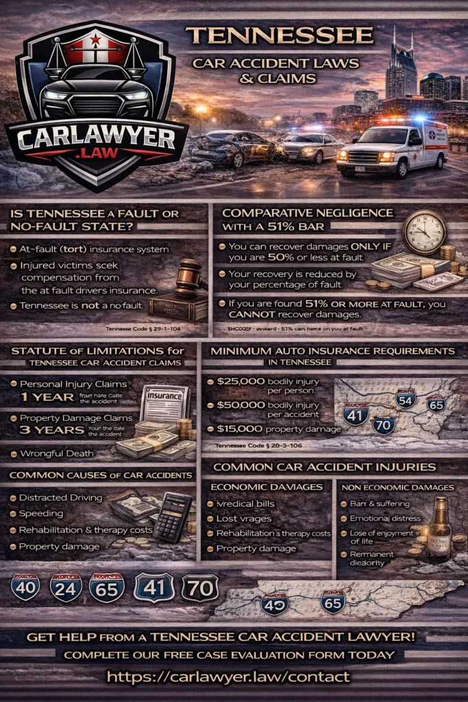 “Infographic by CarLawyer.Law explaining Tennessee car accident laws and claims, featuring the CarLawyer.Law logo, a car crash scene with emergency vehicles, and sections on fault vs. no-fault laws, comparative negligence, statute of limitations, minimum auto insurance requirements, common causes of car accidents, common injuries, and available economic and non-economic damages.”