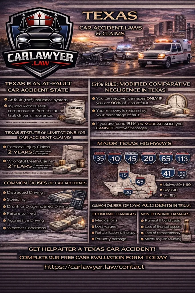Infographic by CarLawyer.Law explaining Texas car accident laws and claims, featuring the CarLawyer.Law logo, at-fault rules, 51% modified comparative negligence, statute of limitations, major Texas highways, common causes of car accidents, economic and non-economic damages, and a call to action for a free case evaluation.