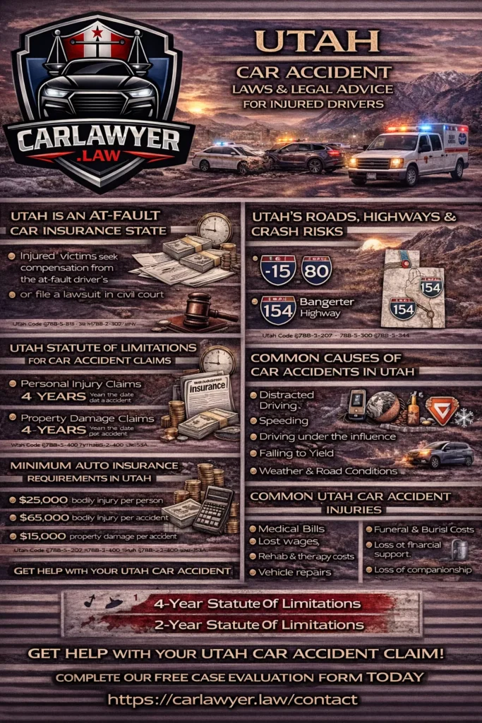 Infographic by CarLawyer.Law outlining Utah car accident laws and legal guidance, featuring the CarLawyer.Law logo, a crash scene backdrop, and sections on at-fault insurance rules, statute of limitations, major Utah highways, common causes of car accidents, typical injuries, minimum insurance requirements, and a call to action to complete a free case evaluation form.