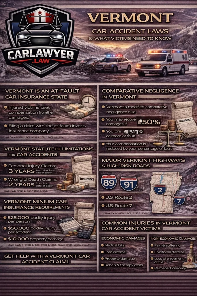 “Infographic explaining Vermont car accident laws by CarLawyer.Law, featuring the CarLawyer.Law logo, a winter Vermont crash scene, and sections on at-fault insurance rules, comparative negligence, statute of limitations, minimum insurance requirements, major highways, common car accident injuries, and available compensation for victims.”