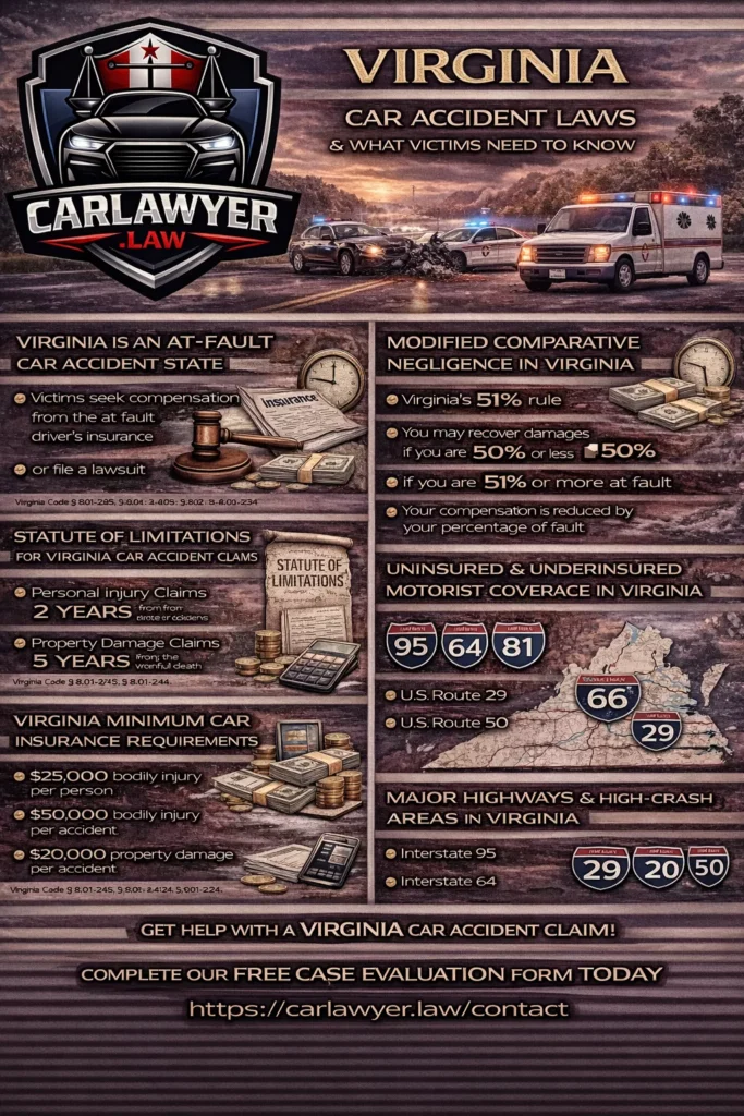 Infographic created by CarLawyer.Law featuring the firm’s logo and a visual summary of car accident laws, common causes of crashes, typical injuries, compensation options, and key legal deadlines, designed to help accident victims understand their rights and next steps after a car accident.