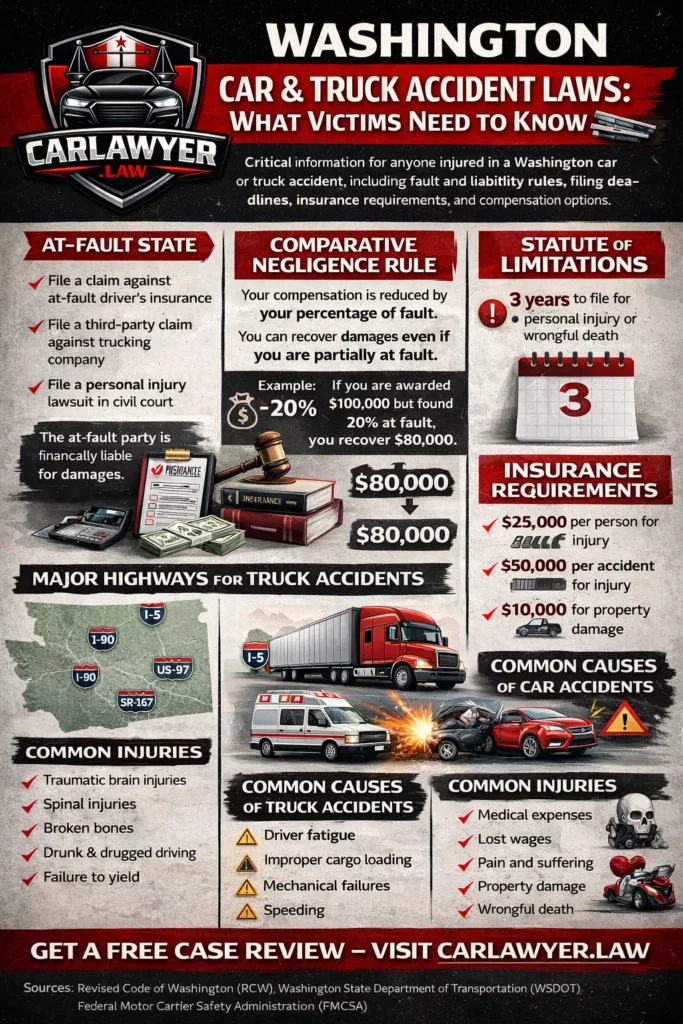 Infographic summarizing Washington car and truck accident laws, featuring the CarLawyer.Law logo. The graphic highlights Washington’s at-fault system, pure comparative negligence rule, three-year statute of limitations, minimum insurance requirements, uninsured and underinsured motorist coverage, major trucking corridors like I-5 and I-90, common accident causes, typical injuries, and compensation available to accident victims.