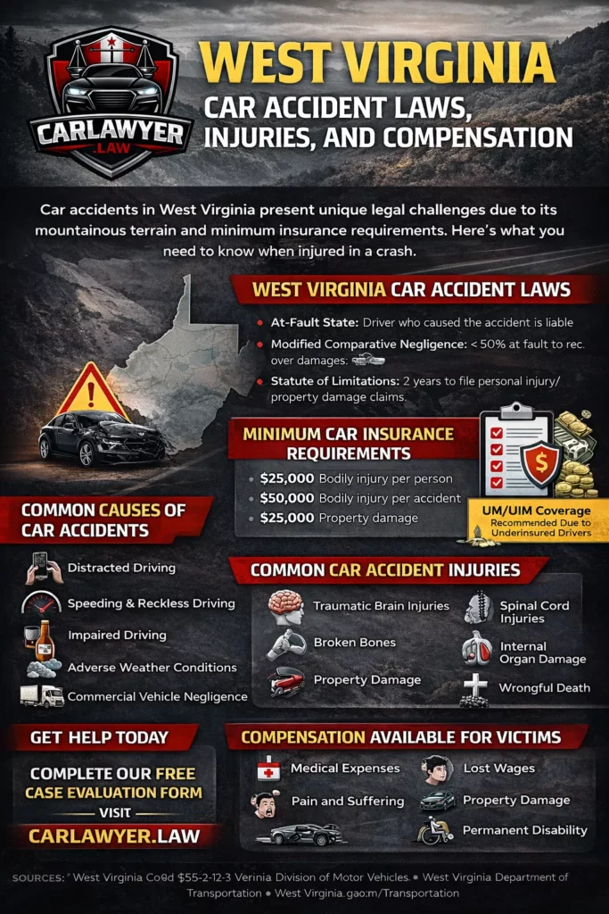 Infographic explaining West Virginia car accident laws, including at-fault liability rules, comparative negligence, statute of limitations, minimum insurance requirements, major highways, common accident causes, typical injuries, and available compensation, featuring the CarLawyer.Law logo.