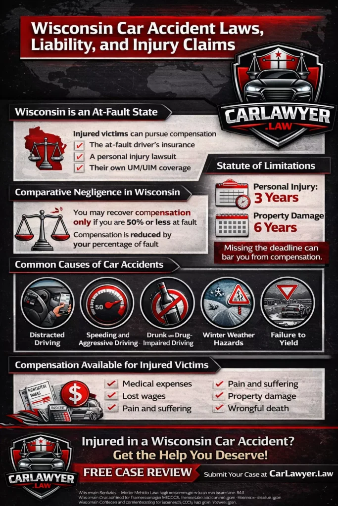 Infographic explaining Wisconsin car accident laws and injury claims, featuring the CarLawyer.Law logo. The graphic highlights Wisconsin’s at-fault insurance system, modified comparative negligence rule, statute of limitations, minimum insurance requirements, common accident causes and injuries, high-risk highways, and available compensation for injured car accident victims.