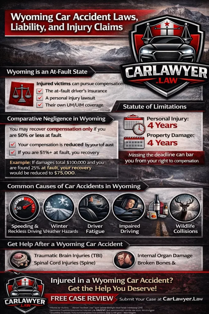 Infographic outlining Wyoming car accident laws and injury claims, featuring the CarLawyer.Law logo. The graphic explains Wyoming’s at-fault system, modified comparative negligence rule, statute of limitations, insurance considerations, common causes of car accidents such as winter weather, speeding, fatigue, impaired driving, and wildlife collisions, along with common injuries and available compensation for accident victims.